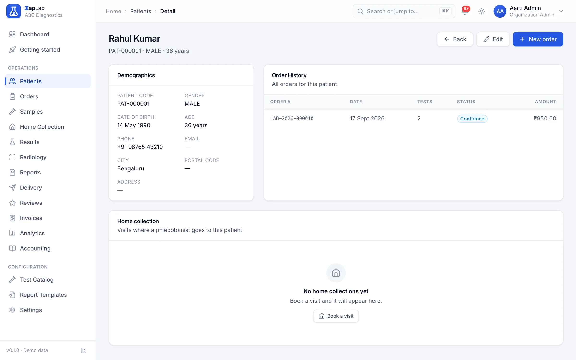 Patient record with demographics on the left and the order history for that patient on the right