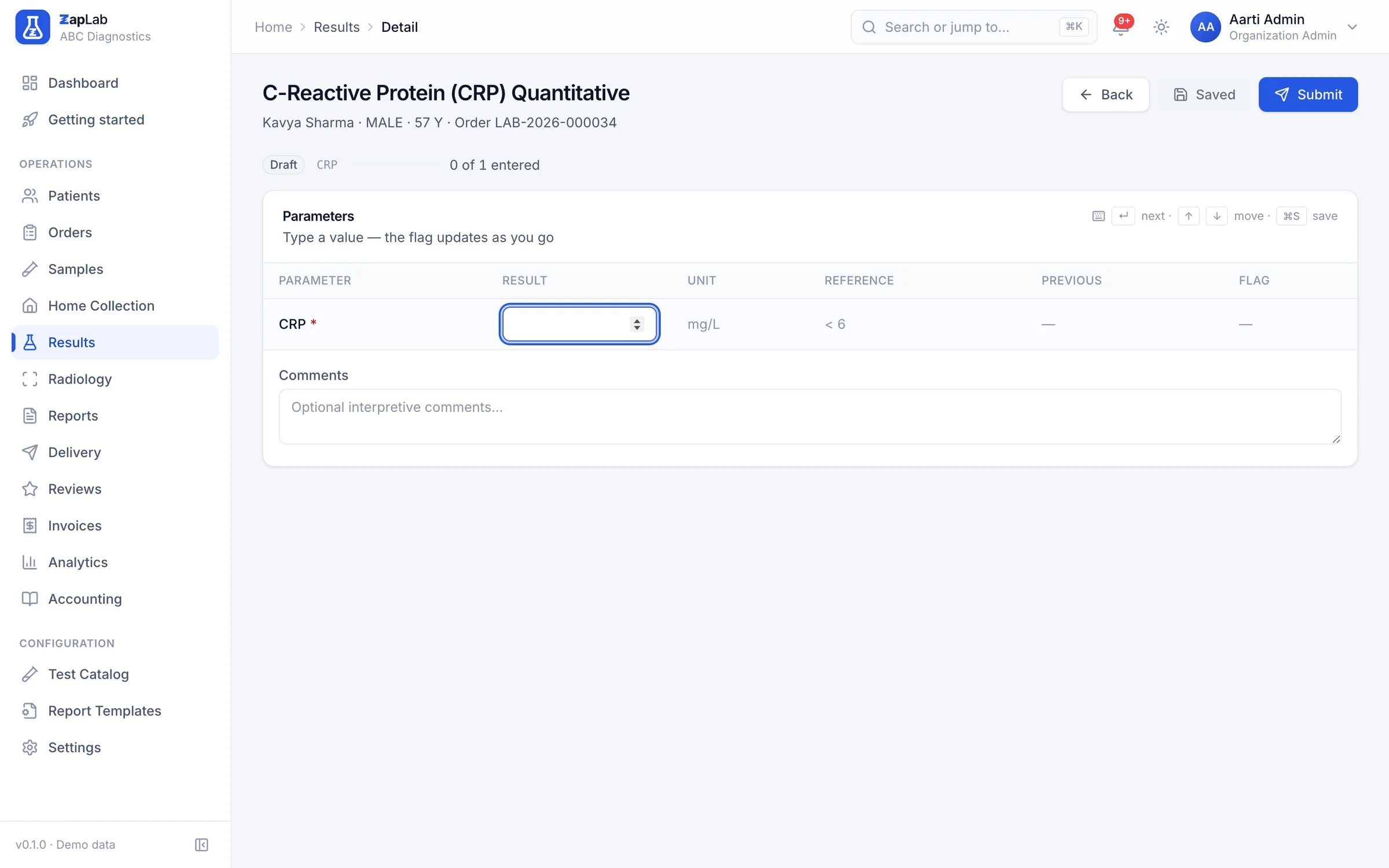 Complete blood count result entry with parameter, result, unit, reference range, previous value and flag columns, and MCV, MCH and MCHC marked as auto-calculated