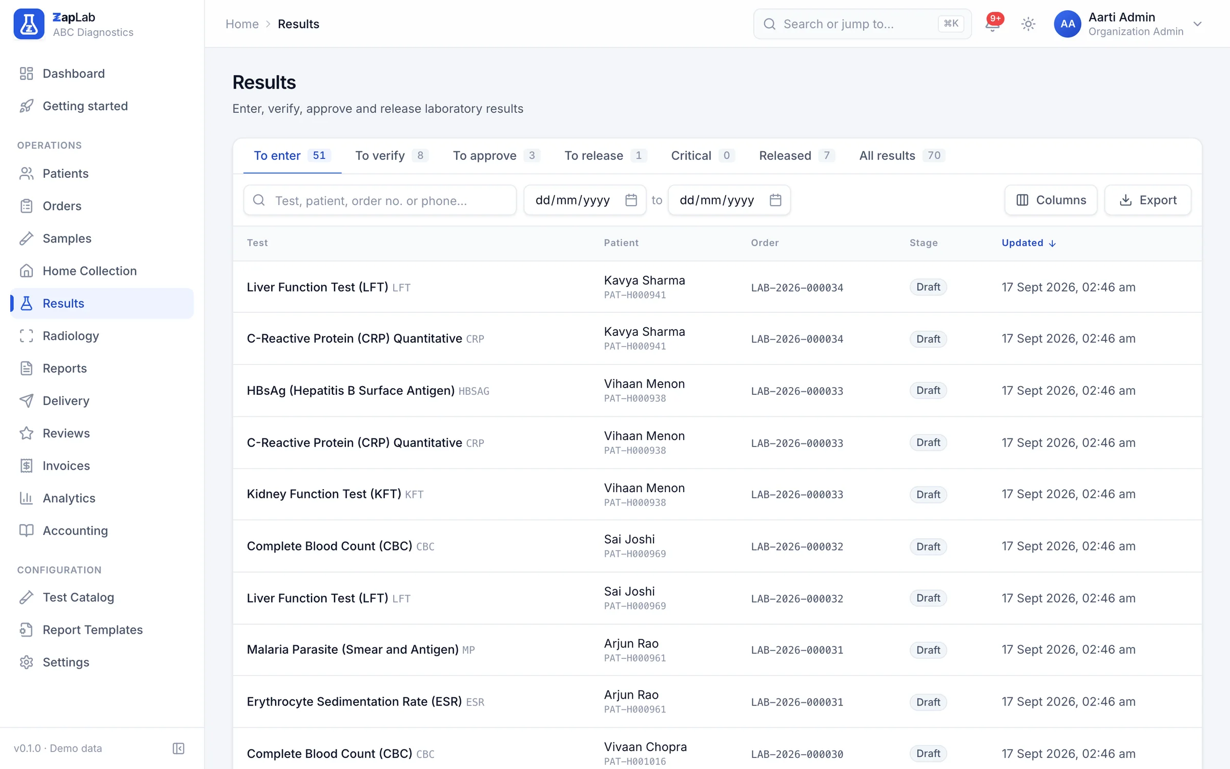 Results worklist with tabs for to enter, to verify, to approve, to release, critical and released