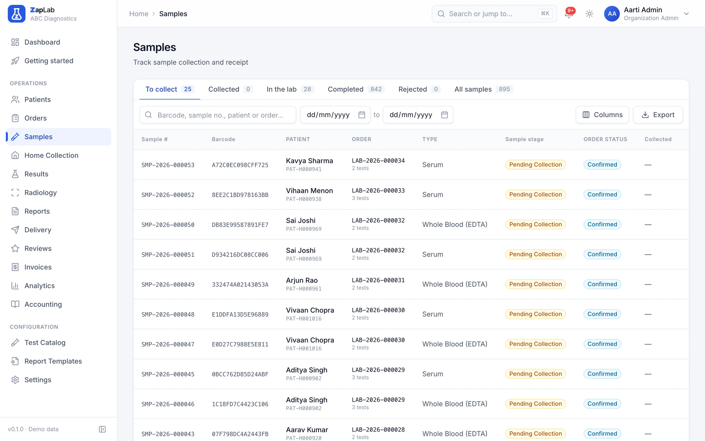 Samples list with barcode, patient, order, sample type and collection stage for samples still to collect