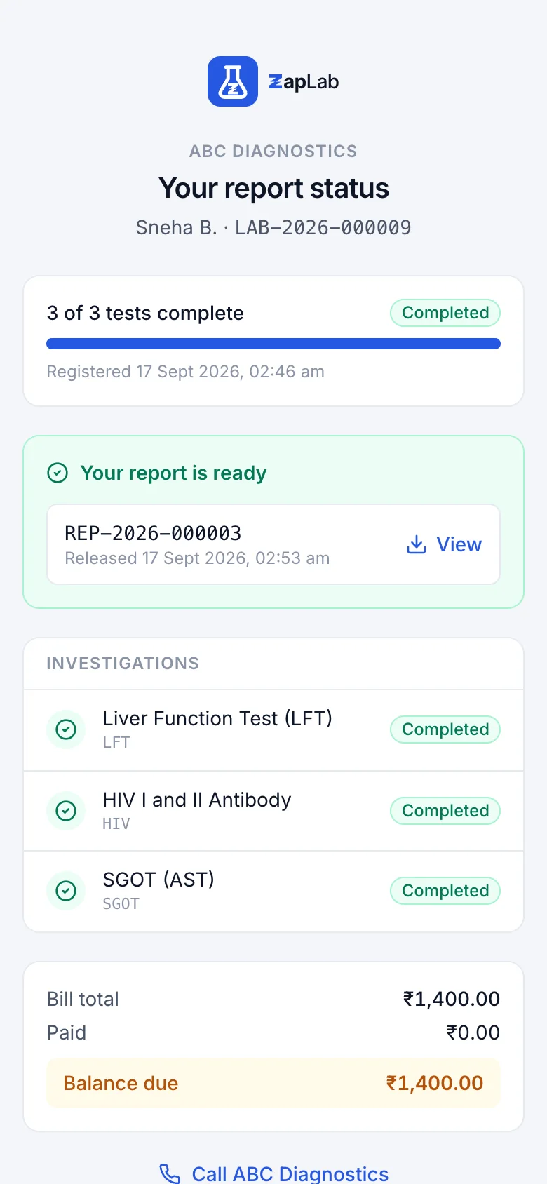Public order tracking page on a phone: the lab name, a masked patient name, 3 of 3 tests complete with a progress bar, a "your report is ready" card with a view link, each investigation marked completed, and a call button