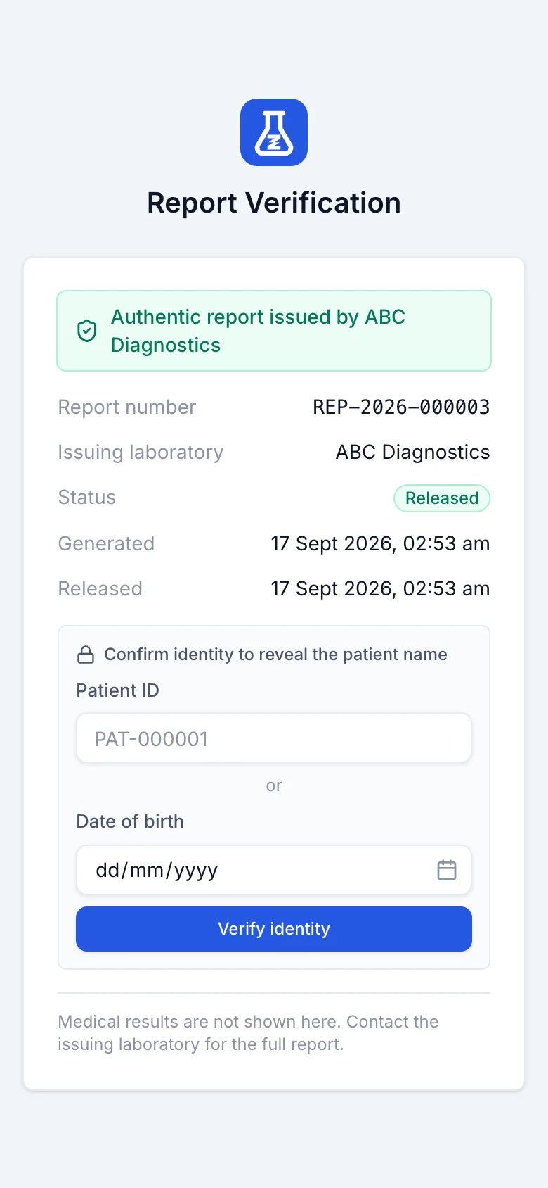 Public report verification page on a phone: an authentic-report badge, report number, issuing laboratory, released status and dates, and a form asking for patient ID or date of birth before revealing the patient name